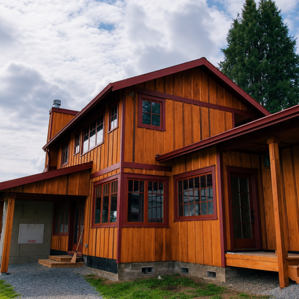 Custom wood home exterior with red trim, large windows, covered entry, and cloudy sky