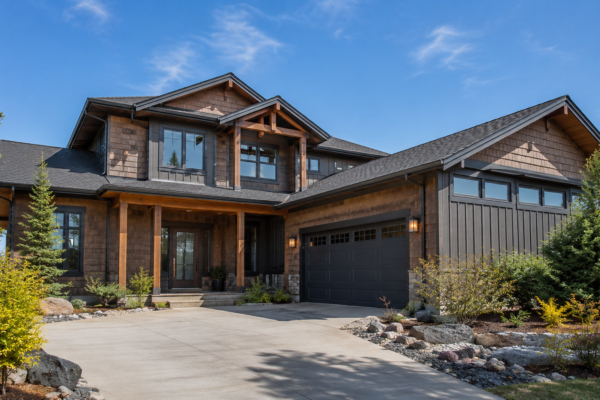 Realistic custom craftsman-style home with wood siding, stone accents, landscaped driveway, and blue sky
