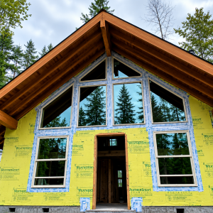 Custom home under construction with exposed wood roof beams, large windows, and house wrap exterior